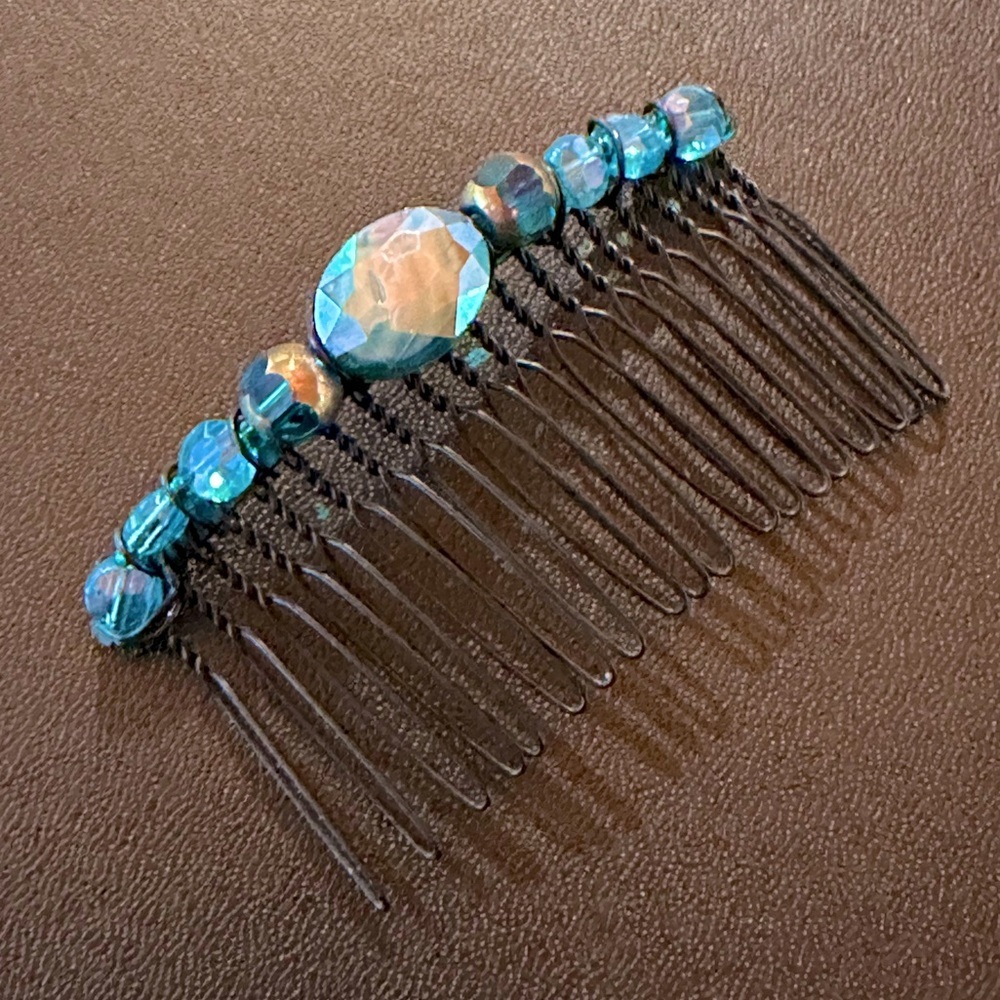 Handmade Beaded Bohemian Hair Comb Teal & Blue Crystal & Glass Jet Black Wire